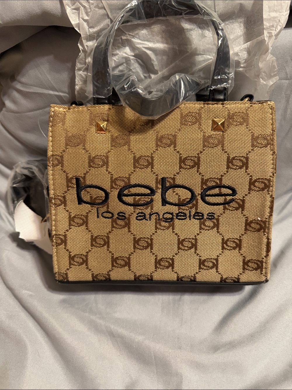 bebe Beige-Tan Monogram Satchel with Gold Studs
